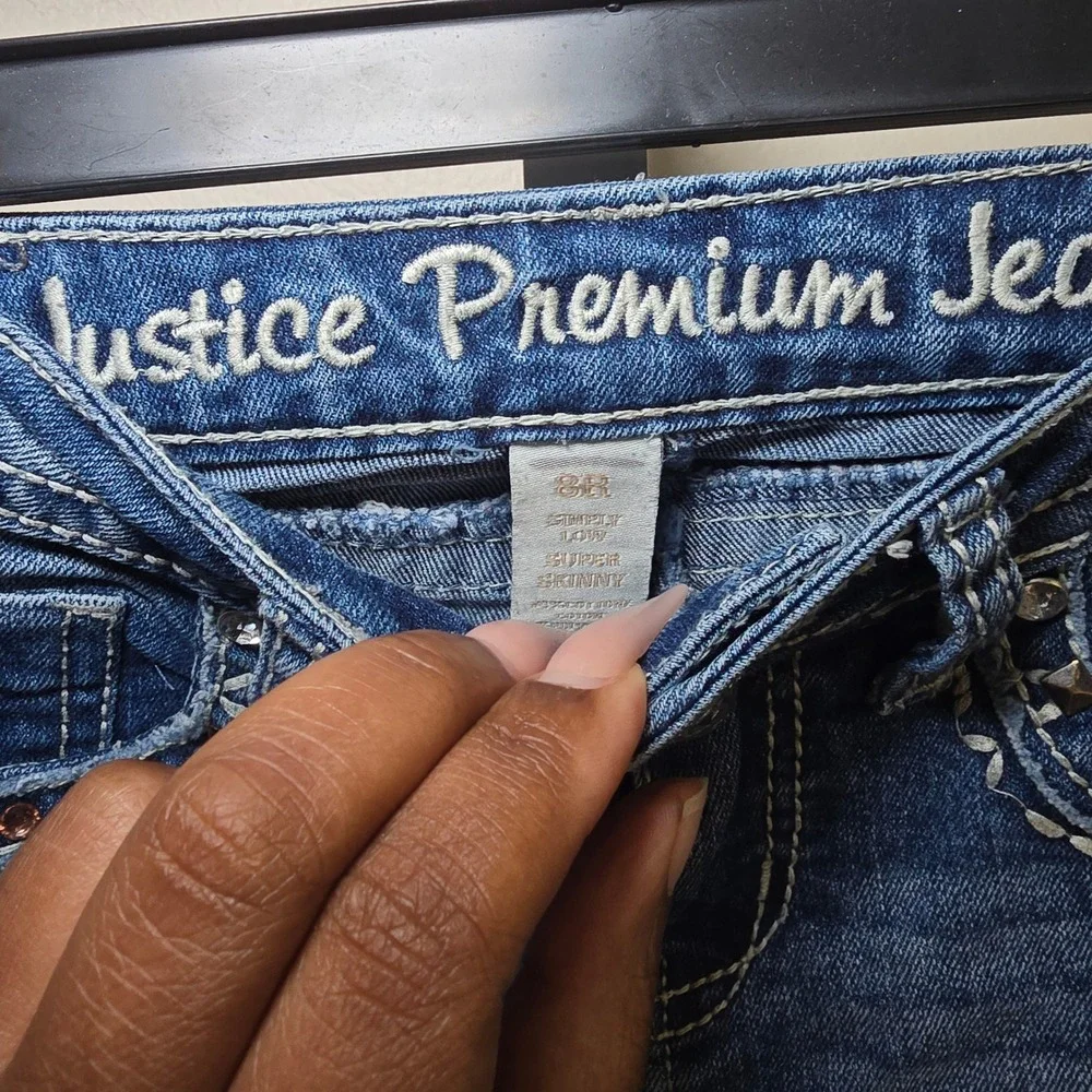 Justice Premium Jeans Girls 8R Super Skinny Simply Low Medium Wash Embellished